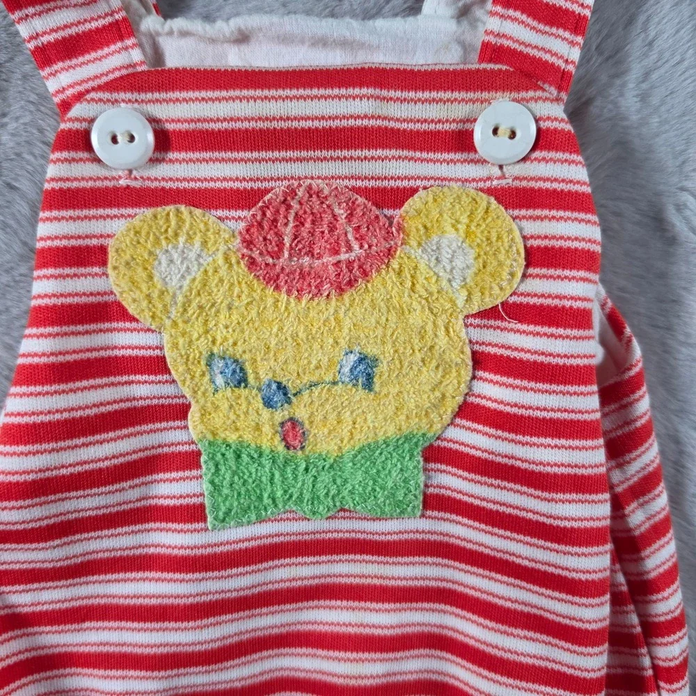 Carter's Romper Unisex‎ 12 Months Red Striped Vintage Bear Applique USA Sunsuit